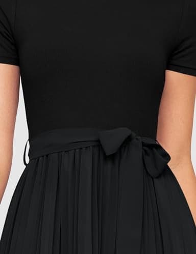 ZESICA Womens 2025 Summer Short Sleeve Midi Dresses Casual Crew Neck Knit Belted Pleated A Line Flowy Wedding Guest Dress,Black,Large - Image 7