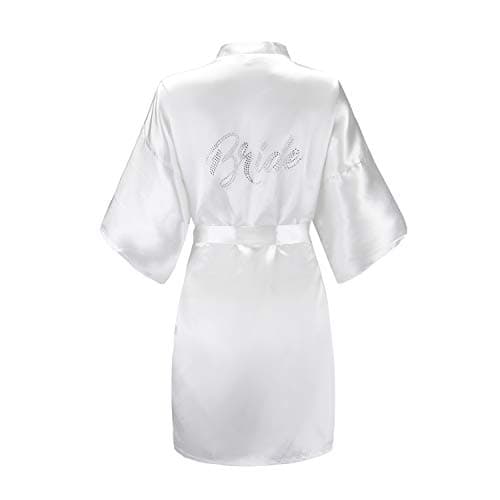 EPLAZA Women's One Size Silver Rhinestones Bride Bridesmaid Short Satin Robes for Wedding Party Getting Ready (White, Bride) - Image 1