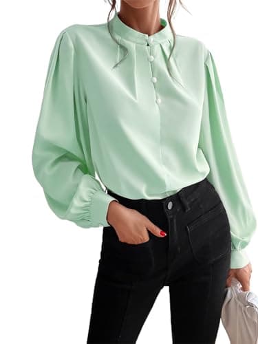 Button Down Shirts for Women, Fall Tops, Business Casual Blouse, Mock Neck Long Sleeve Tops, Solid Color Chiffon Shirt - MintGreen XL - Image 1