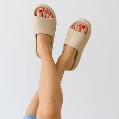 CUSHIONAIRE Feather EVA Slides for Women – Comfortable Slip On Womens Slippers, Indoor Outdoor Shower Shoes, Beach Essential Cloud Slides, PUTTY 7 - Image 3