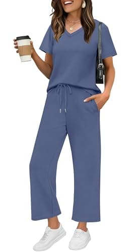 WIHOLL Summer Outfits For Women 2 Piece Lounge Matching Sets Workout Sets Spring Essentials Clothing Cruise Vacation Outfits Pajama Pants Activewear Blue L - Image 1