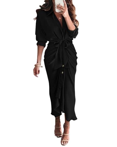 BTFBM Maxi Dresses for Women Fall 2025 Long Sleeve Lapel Neck Button Down Elegant Satin Belted Ruched Summer Shirt Dress(Black, X-Large) - Image 1