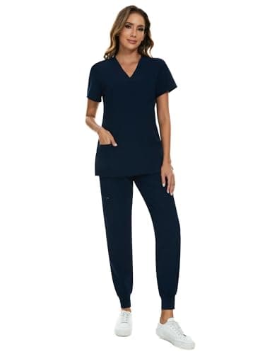 COZYFIT Scrubs for Women Set - Stretch V-Neck Scrub Top & Jogger Pant with 8 Pockets, Yoga Waistband, Anti Wrinkle, Slim Fit Women Scrubs, Navy Blue - Image 3