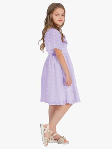 EXLURA Girls 2025 Summer Dresses Short Sleeve Swiss Dot Square Neck Flowy A Line Kids Dress Casual Party Midi Dress 6-15Y Light Purple - Image 5