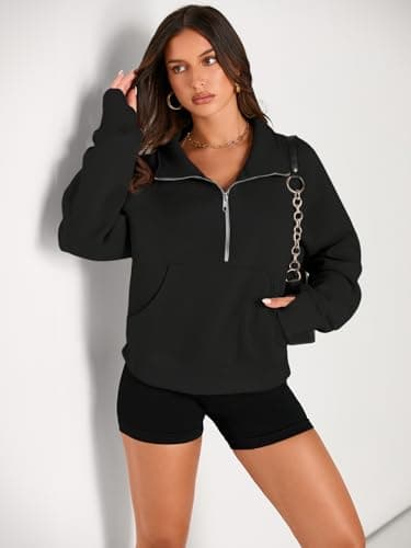AUTOMET Womens Sweatshirts Half Zip Cropped Pullover Fleece Quarter Zipper Sweater Hoodies 2025 Fall Fashion Outfits Clothes Black Large - Image 2
