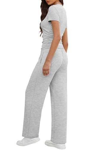 WIHOLL Matching Sets Women Clothing Summer Going Out Resort Wear Vacation Outfits 2 Piece Athleisure 2025 Petite Lounge Sets Short Sleeve Crewneck Spring Break Sweatsuits Light Grey S - Image 4