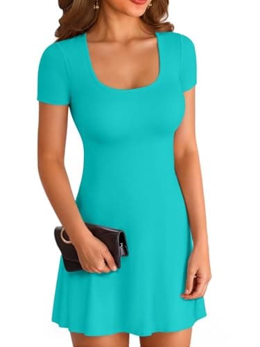 VICHYIE Womens Summer Short Sleeve Ribbed Knit Square Neck A Line Flare Mid-Thigh Dress Ruffle Swing Short Casual Dresses Blue XL - Image 1