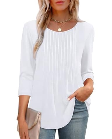 XIEERDUO 3/4 Sleeve Plus Size Tops for Women 2025 Crewneck Long Sleeve Shirts for Women Pleated Business Casual Blouses Fall Fashion Clothing Outfits Beach Vacation Clothing A-White XXL - Image 3
