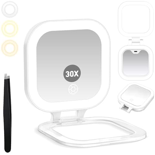 GOMIPURU Travel Mirror with Light, 1x/30x Magnifying Mirror with 3 Color Lights and Adjustable Brightness, 4.5x3.9 inch Small Compact Hangable Hand Pocket 3 Way Mirrors, Comes with Tweezer - Image 1
