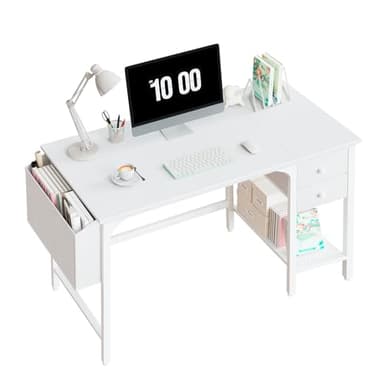 Lufeiya White Small Desk with Drawers - 40 Inch Computer Desk for Small Space Home Office, Modern Simple Study Writing Table PC Desks - Image 1