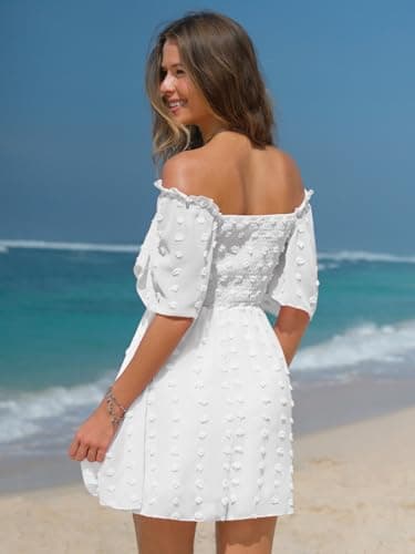 EXLURA Women's Summer Flowy Mini Sundress Square Neck High Waist Swiss Dot Smocked Ruffle Short Flutter Sleeve Dress White - Image 5