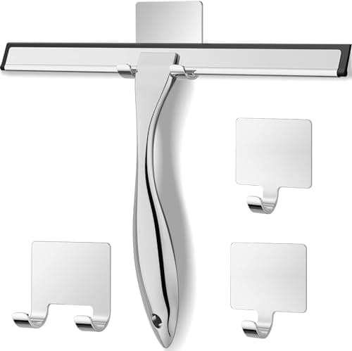 OVSGTTZ Shower Squeegee for Glass Door with 3 Adhesive Hook, Stainless Steel Glass Cleaning Squeegee for Bathroom & Household Window, Mirrors, Tiles and Car, 10 Inches, Clear, Silver - Image 1