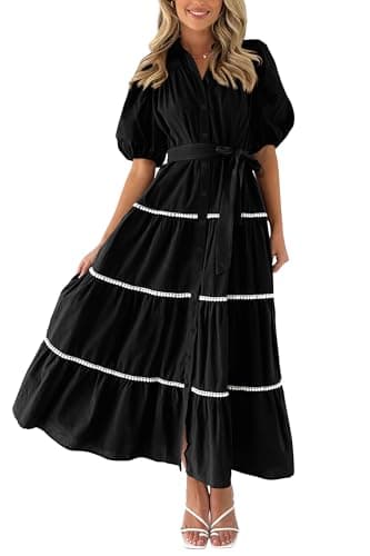 PRETTYGARDEN Women's Summer Button Down Shirt Dress Short Puffy Sleeve Tiered Ruffle Flowy Long Maxi Dresses (Black,Large) - Image 1