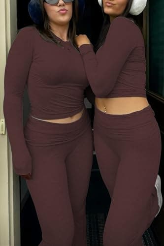 Women's 2 Piece Casual Outfits Pajama Slim Fit Long Sleeve Top Fold-Over Bell Bottoms Cotton Jersey Set Coffee - Image 5