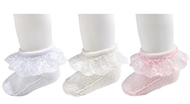 EPEIUS 3 Pair Baby-Girls Eyelet Frilly Lace Socks Princess Ankle Socks White/Pink/Ivory 12-24 Months,Toddler Shoe Size 5-9 - Image 2