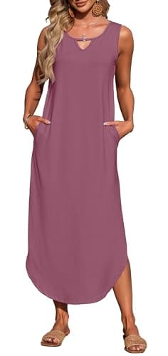 MISFAY Women's Summer Maxi Dress Sleeveless Loose Long Beach Split Dresses with Pockets(Mauve,L) - Image 2