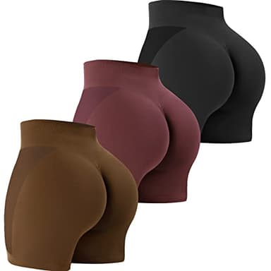 VVX 3 Piece Workout Shorts Womens Seamless High Waist Butt Lifting Scrunch Yoga Gym Shorts - Black/Brown/Wine L - Image 1