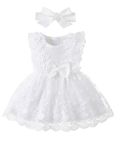 Renotemy Baby Girl Tulle Tutu Dress White Lace Sleeveless 1st Birthday Dress for Baby Girl Shower Gifts Boho Fairy Baptism Princess Wedding Birthday Party Dresses with Flower Headband 12-18 Months - Image 1