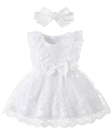 Renotemy Baby Girl Tulle Tutu Dress White Lace Sleeveless 1st Birthday Dress for Baby Girl Shower Gifts Boho Fairy Baptism Princess Wedding Birthday Party Dresses with Flower Headband 12-18 Months - Image 1