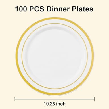 BESTSTAR 100PCS White Plastic Plates for Party, 10.25 Inch Disposable Plates with Gold Rim, Heavy Duty Dinner Plates for Christmas, Thanksgiving, Party, Wedding and Birthday - Image 2