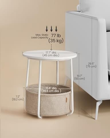 VASAGLE Small Round Side End Table, Modern Nightstand with Fabric Basket, Matte White and Camel Brown ULET223W10 - Image 3