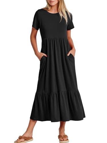 ANRABESS Womens 2025 Summer Casual Maxi Dress A line Tiered Flowy Short Sleeve Crewneck T Shirt Beach Travel Long Dresses Black Large - Image 1