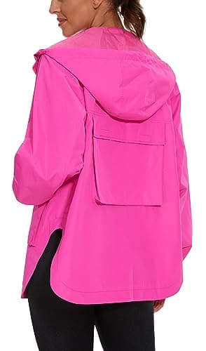 PESION Women's Waterproof Raincoat Lightweight Rain Jacket Trench Coat Hooded Windbreaker With Pockets for Outdoor, Hot Pink, Small - Image 3