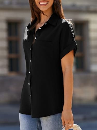 Beautife Womens Short Sleeve Shirts V Neck Collared Button Down Shirt Tops with Pockets Black - Image 4