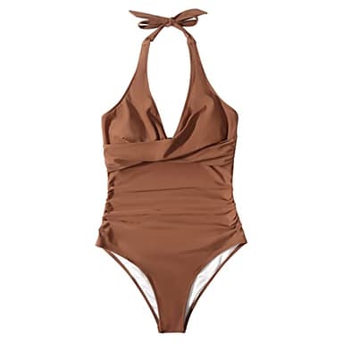 SUUKSESS Women Sexy Tummy Control One Piece Swimsuits Halter Push Up Monokini Bathing Suits (Brown, XXL) - Image 4