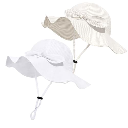 Baby Girl Sun Hat with UPF 50+ Outdoor Adjustable Beach Hat with Wide Brim Bucket Hats (12-24 Months, White Beige Stripe 2pcs) - Image 1