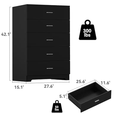 GEPELCN Dresser for Bedroom with Power Outlets Wood 5 Drawer Dresser with Large Storage Space Black Chest of Drawers with Smooth Metal Rail Tall Storage Organizer for Bedroom Living Room Closet - Image 3