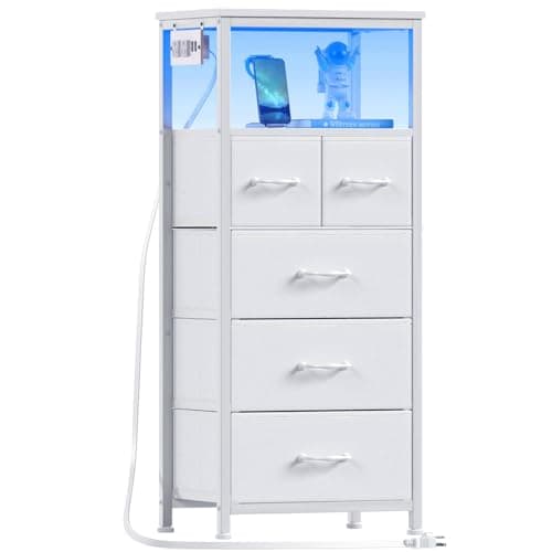 Furnulem Dresser for Bedroom, Tall Nightstand, Vertical Chest with Wood Top, Charging Station, LED Lights, 5 Fabric Bins, Bedside Table with Shelf, Furniture for Entryway (5 Drawer, White) - Image 1