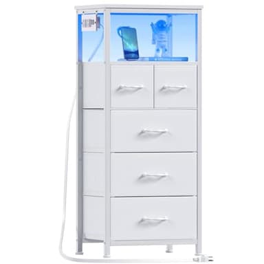 Furnulem Dresser for Bedroom, Tall Nightstand, Vertical Chest with Wood Top, Charging Station, LED Lights, 5 Fabric Bins, Bedside Table with Shelf, Furniture for Entryway (5 Drawer, White) - Image 1