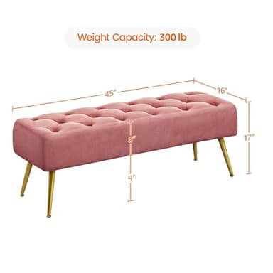 Yaheetech Modern Ottoman Bench Velvet Bench Upholstered Footrest for Living Room with Gold Metal Legs and Padded Seat Pink - Image 3