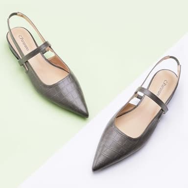 C.Paravano Crocodile-Embossed Women's Slingback Flats, Pointed Toe Kitten Heels, Low Heel Pumps, Ankle Strap Leather Dress Shoes for Office and Casual Wear(Size 10,Croc Grey Flats) - Image 2