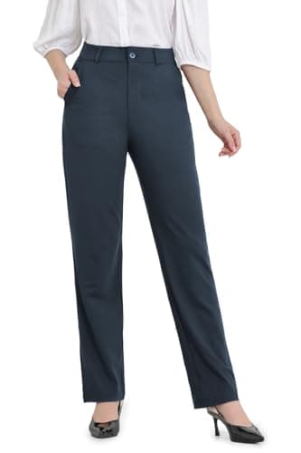 Bamans Dress Pants Women Work Business Casual Pants Tummy Control Office Straight Leg Navy Blue Trousers High Waisted Ladies Slacks Regular 31" L - Image 1