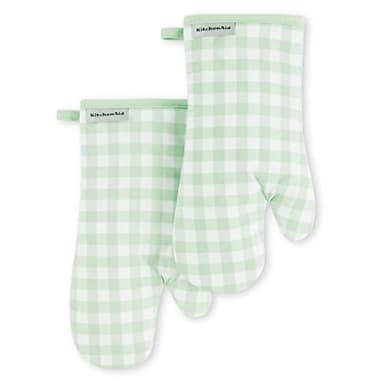 KitchenAid Gingham Oven Mitt 2-Pack Set, Pistachio, 7"x13" - Image 1