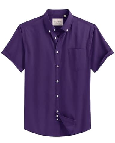 Alimens & Gentle Men's Short Sleeve Oxford Shirt Regular Fit Button Down Collar Shirts with Pocket Dark Purple - Image 1