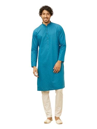 Manyavar Men Blended Cotton Self Design Kurta Pyjama Set XL Blue - Image 1