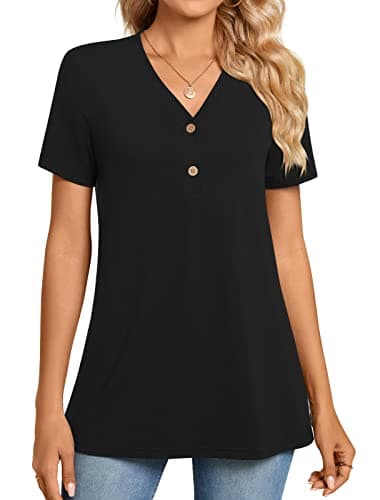 BISHUIGE Womens Henley Tunic Tops Button Up Tshirts Short Sleeve Vneck Casual Blouses, XXL, Black - Image 2
