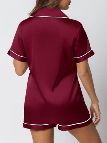 LILLUSORY Silk Satin Pajama Set for Women 2 Piece Lounge Pjs Shorts Matching Summer Sleepwear Button Down Shirt Shorts Burgundy XS - Image 4