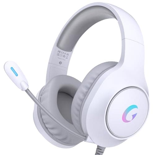 syndesmos CM7002 Gaming Headset for PS5, PS4, PC, Mac, Switch, Xbox Series, Surround Sound RGB Gaming Headphones with Noise Canceling Microphone, 50MM Dynamic Drivers, 3.5MM Audio Jack, Light White
