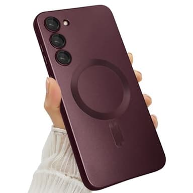 Amzfield Magnetic for Samsung Galaxy S23 Plus Case for Women Men Girls [Compatible with MagSafe] [Camera Lens Protector] Matte Cute Slim Soft Silicone Bumper Shockproof Metallic Phone Case, Burgundy - Image 1