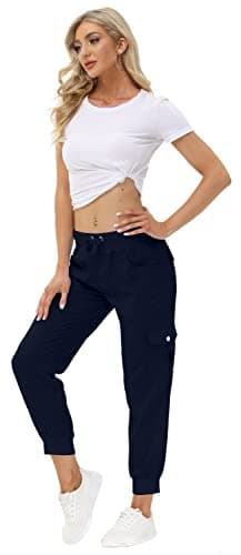 MoFiz Women Cargo Pants with Pockets Lightweight Outdoor Summer Travel Casual Hiking Pants Running Joggers Sweatpants Elastic Waist Navy L - Image 6