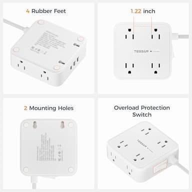 TESSAN 10 Ft Flat Plug Extension Cord with Multiple Outlets, Surge Protector Power Strip with 3 USB(1 USB C) 8 Outlets, 900J Protection, Desk Charging Station for Home, Dorm Room Essentials, White - Image 7