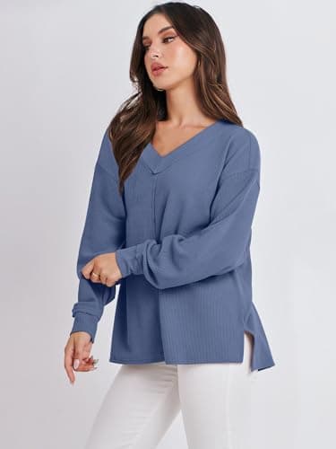 ANRABESS Oversized Long Sleeve Shirts for Women Off the Shoulder Sweatshirt Loose V Neck Tunic Tops High Low Sweater 2025 Small Grey Blue - Image 6
