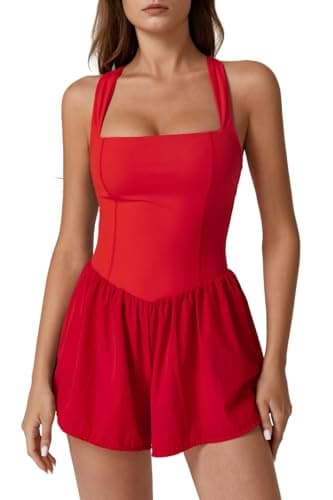 QINSEN Women's Tank Top Romper Square Neck Sleeveless Y2k Shorts Jumpsuit Playsuits Red S - Image 1