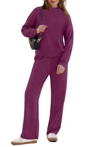WIHOLL Sweat Suits for Womens 2 Piece Sets Mock Neck Casual Fall Long Sleeve Outfits Wide Leg Sweatpants Spring Travel Airport Outfits 2025 Fall Winter Dark Purple M - Image 2