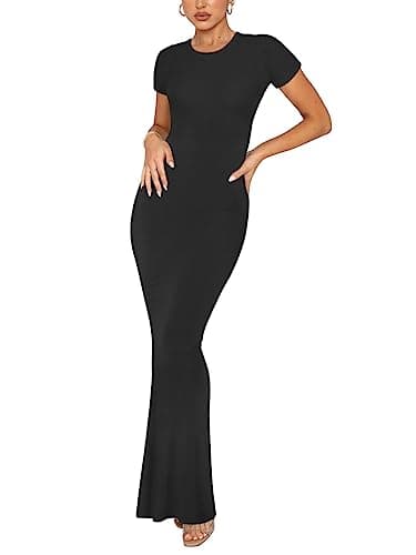 REORIA Women's Summer Sexy Casual Lounge Long Dress Elegant Wedding Guest Short Sleeve Crew Neck Bodycon Maxi Dresses Black Medium - Image 1
