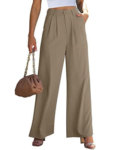 GRAPENT Womens Flowy Pants Womens Wide Leg Trousers Elastic Summer Pants Women Flowy Dress Pants Old Money Clothes Women Business Casual Brown Trousers Color Khaki Size Large Size 12 Size 14 - Image 1